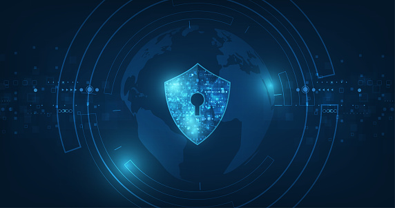 A digital shield with a keyhole icon centered over a global network map.