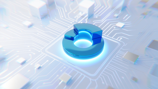 A glowing blue pie chart icon centered on a digital circuit board.