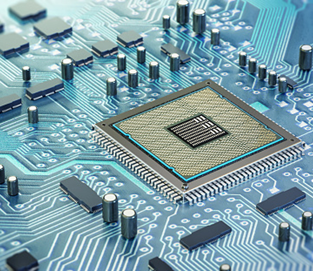 A central processing unit mounted on a blue circuit board with various electronic components.