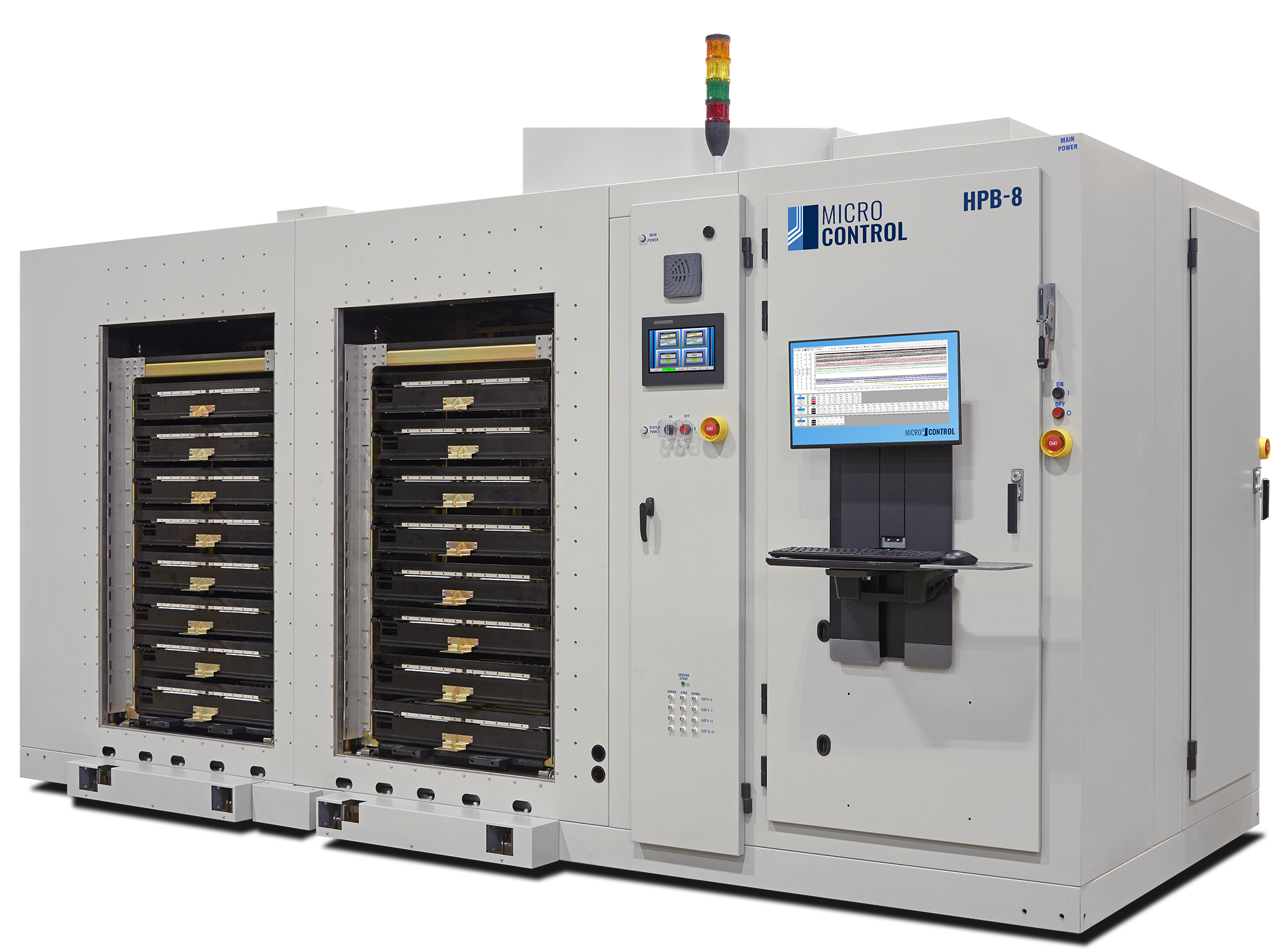 Micro Control HPB-8 industrial testing equipment with two large racks of trays, a touch screen interface, and an attached computer monitor with keyboard.