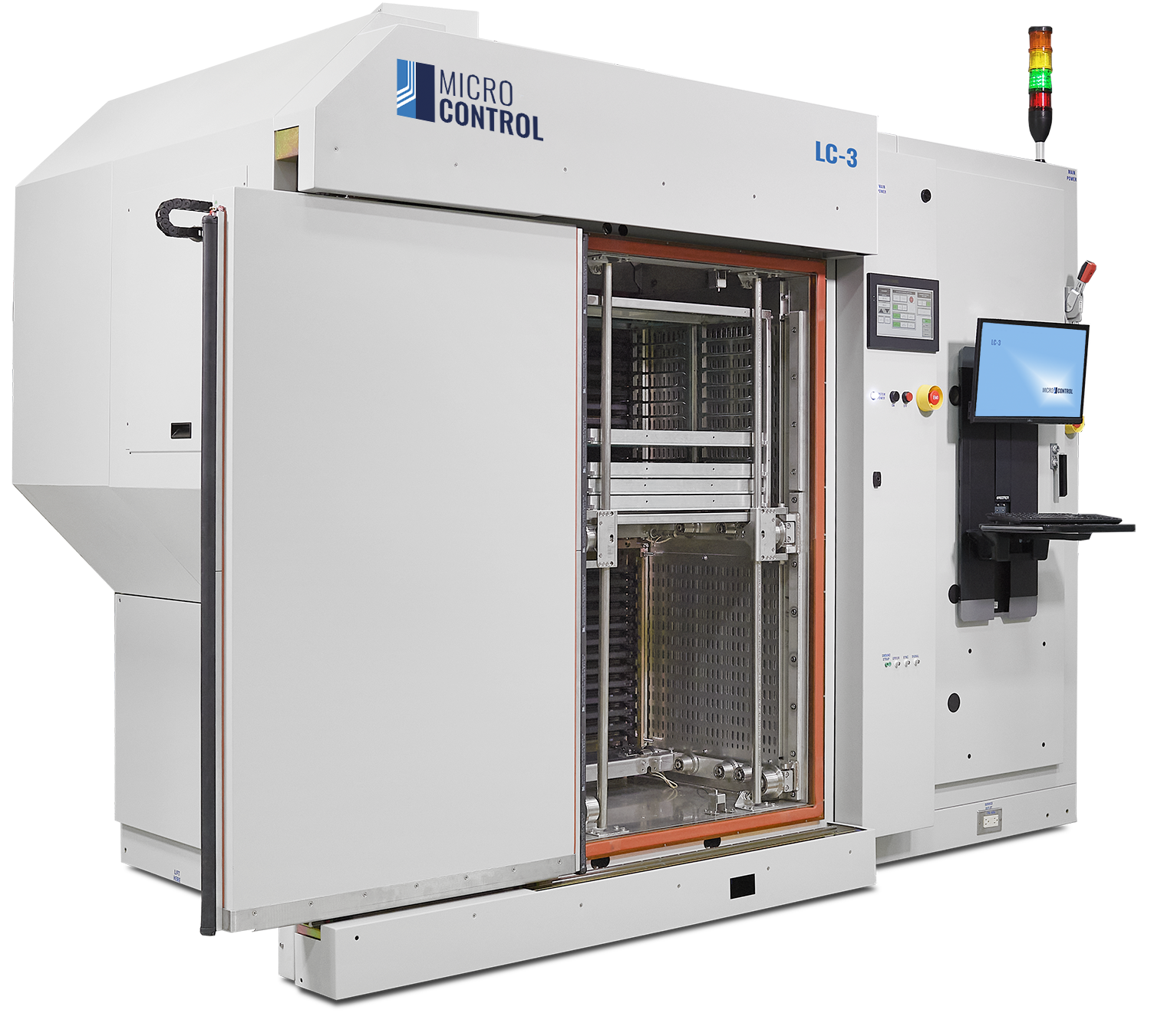Micro Control LC-3 industrial testing machine with its main access door open, showing internal component racks, a control monitor, and a keyboard.