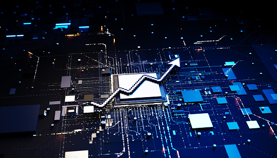 A pixelated white upward-trending arrow graphic superimposed on a digital circuit board.