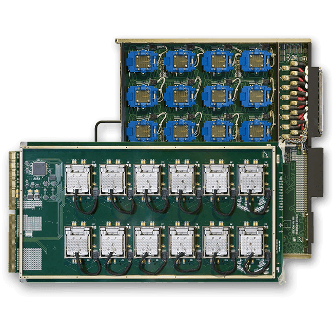 A computer server blade with two circuit boards, one featuring rows of blue processor sockets and the other featuring rows of silver heat sinks connected by cables.