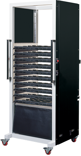 Tall mobile storage rack with multiple horizontal shelving tiers on casters.