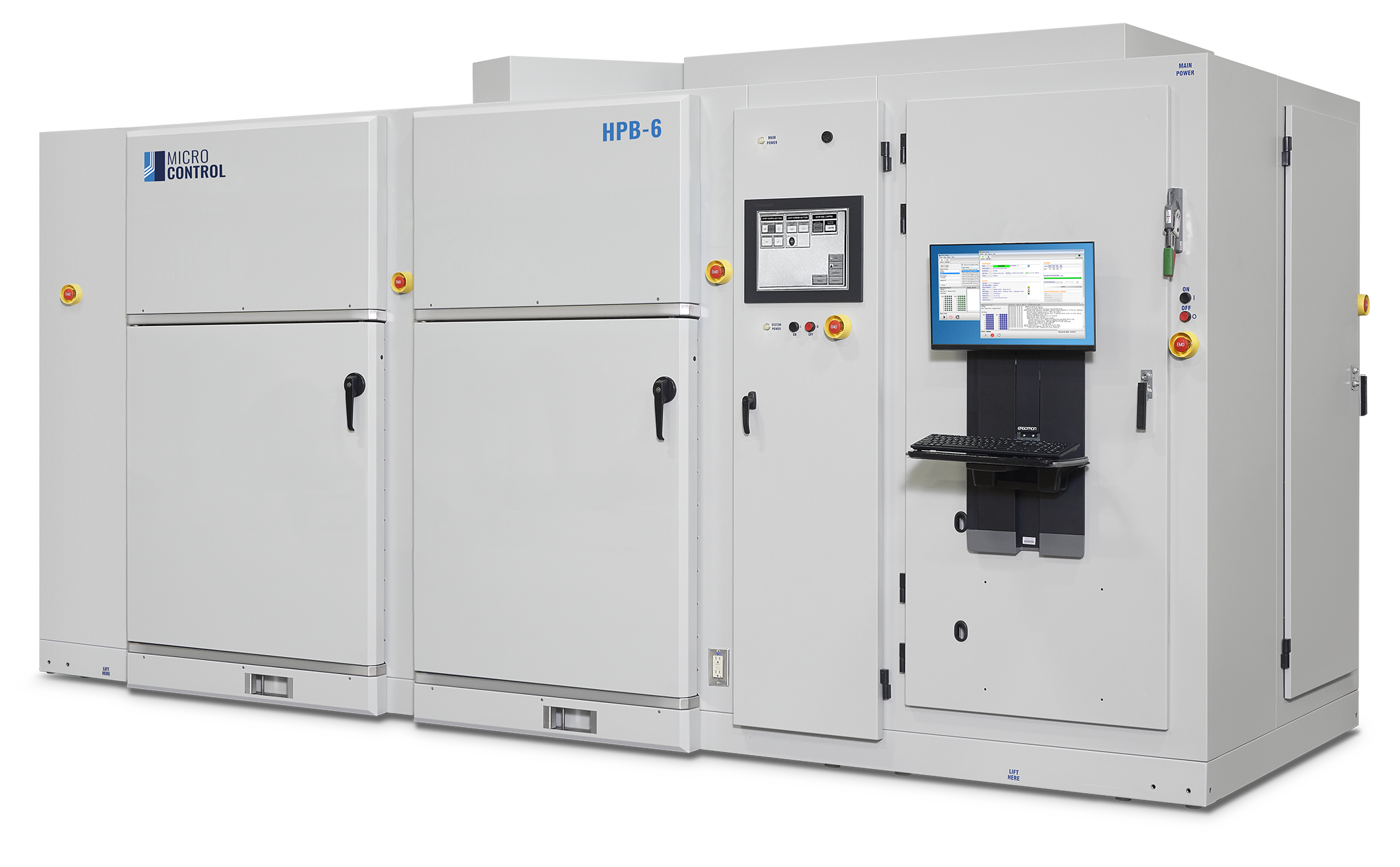 Micro Control HPB-6 industrial test system with an integrated touchscreen monitor, keyboard, and emergency stop buttons.