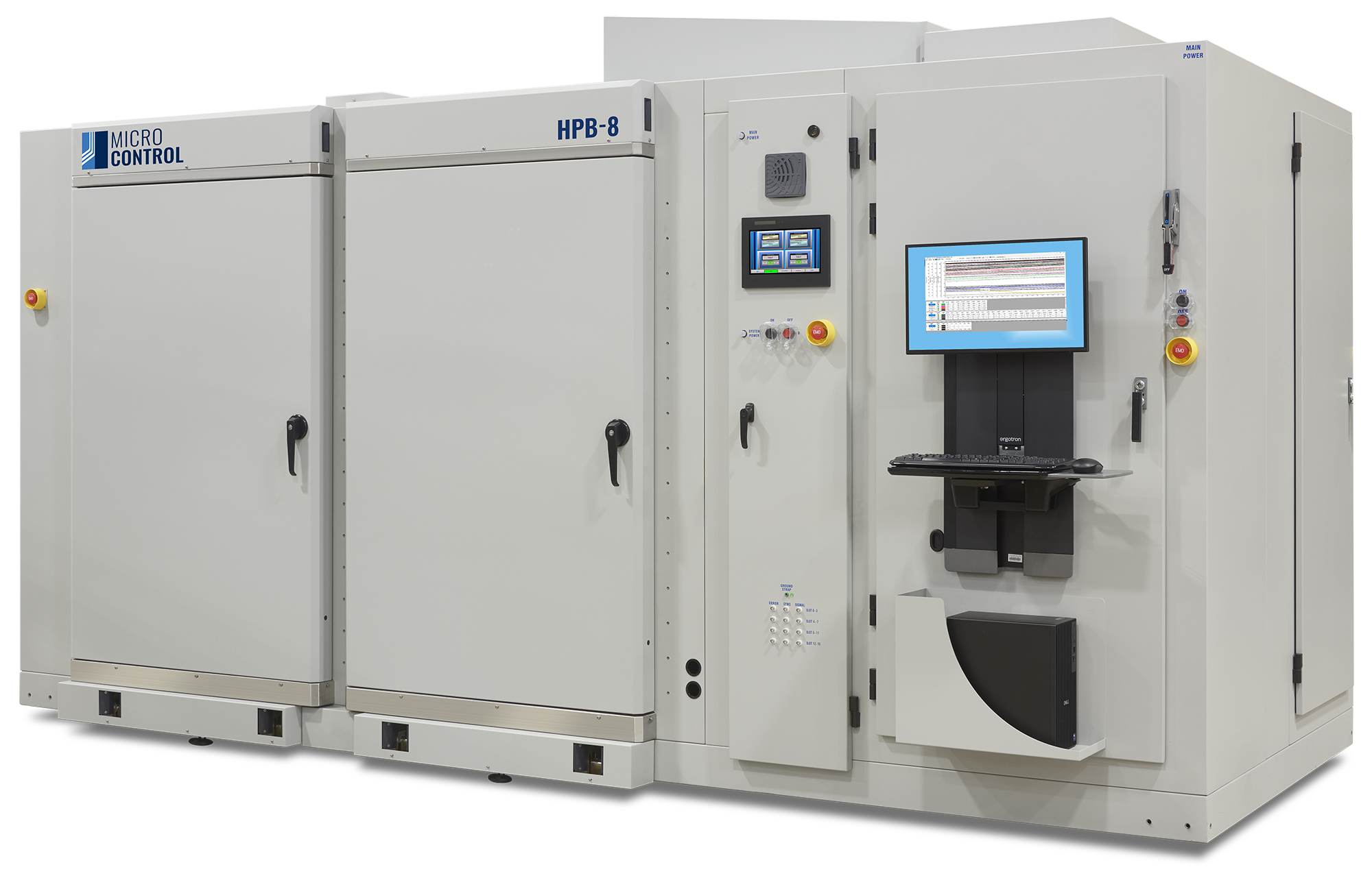 Micro Control HPB-8 industrial testing system with two large cabinet doors, a control interface, an attached monitor, keyboard, and emergency stop buttons.