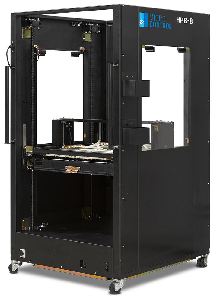 Micro Control HPB-8 industrial testing equipment in a black standing frame with caster wheels.