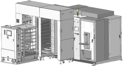 Industrial manufacturing machine with a control panel, interior shelving unit, and an external status light tower.
