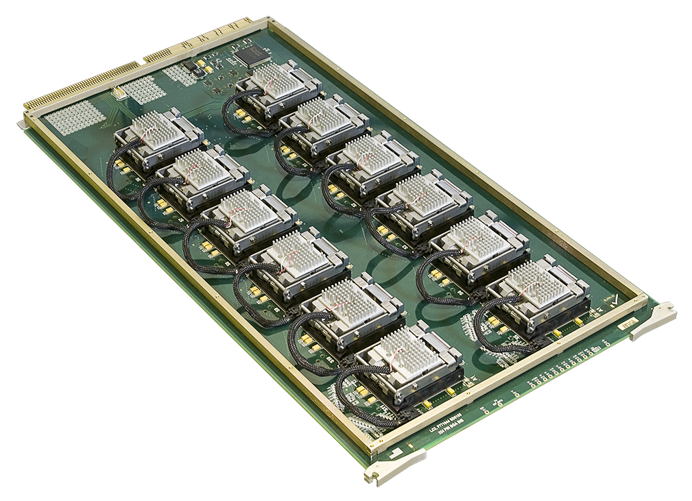 A circuit board featuring ten square processor modules, each topped with a small metal heatsink and connected by black cables.