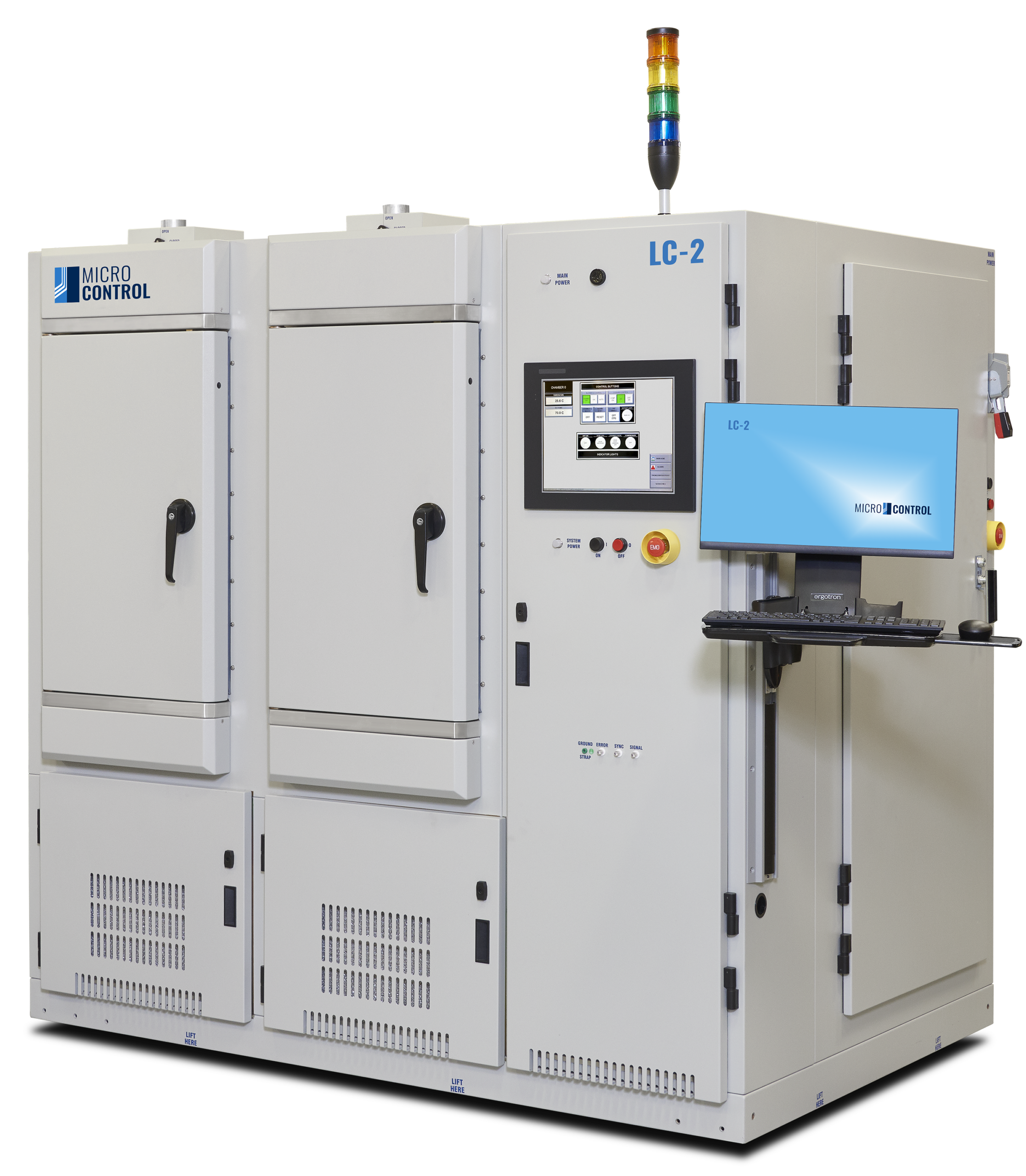 Micro Control LC-2 industrial test system with two large doors, an integrated touchscreen display, and an external monitor on a swing-arm mount.