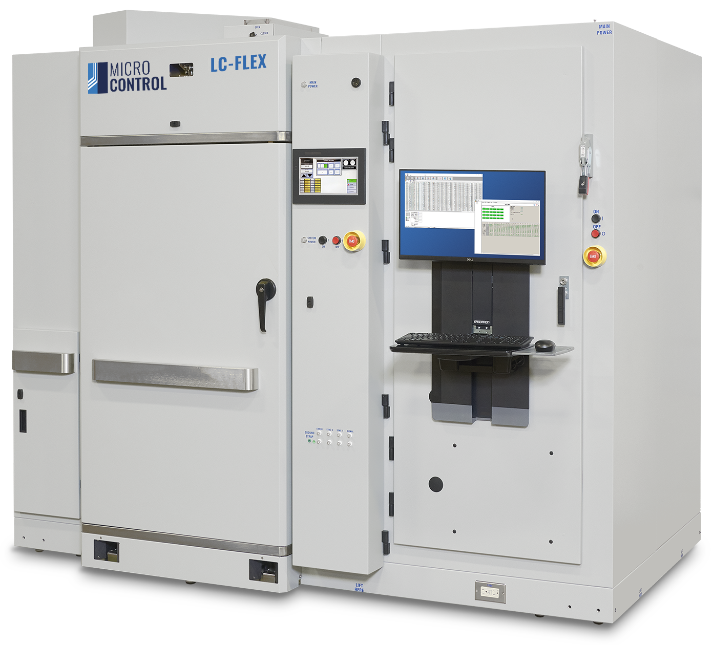 Micro Control LC-FLEX industrial test system with a large chamber, touchscreen interface, and a mounted computer monitor with keyboard and mouse.