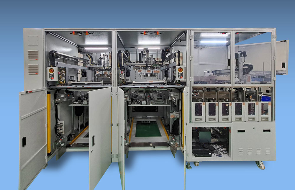 Industrial manufacturing machine with multiple open cabinet sections showing internal robotic arms and conveyor components.