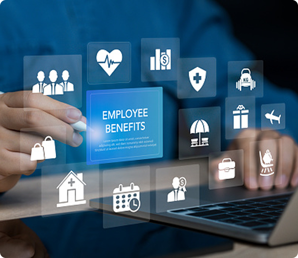 A hand uses a stylus to interact with a digital menu of employee benefit icons floating above a laptop.