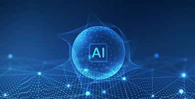 A glowing sphere containing the letters “AI” centered above a digital network grid.