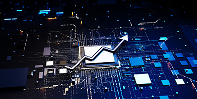 A digital arrow trending upward superimposed over a computer circuit board.