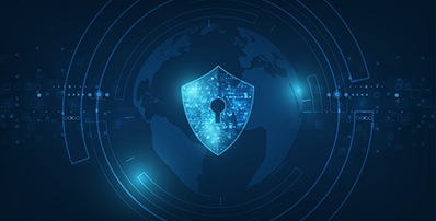 A glowing digital shield icon with a keyhole, centered over a dark blue globe graphic with circular data nodes.