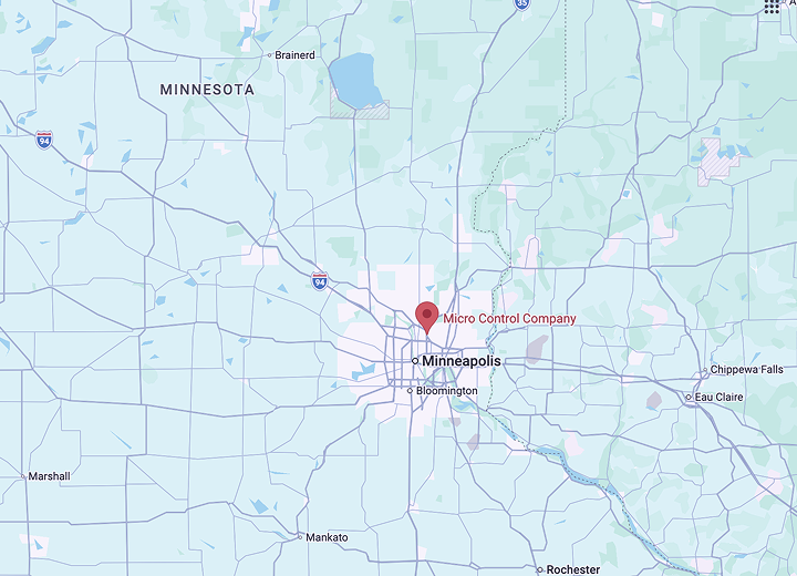 Map of the Minneapolis, Minnesota area with a red pin indicating the location of Micro Control Company.