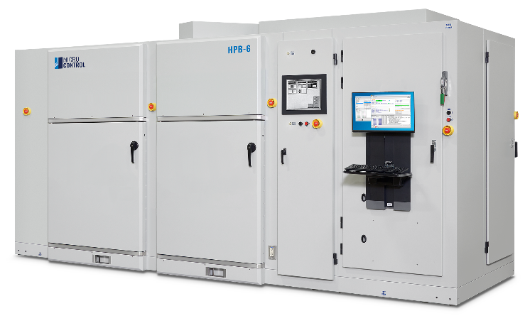 Micro Control HPB-6 industrial testing system with an integrated touchscreen monitor and keyboard.