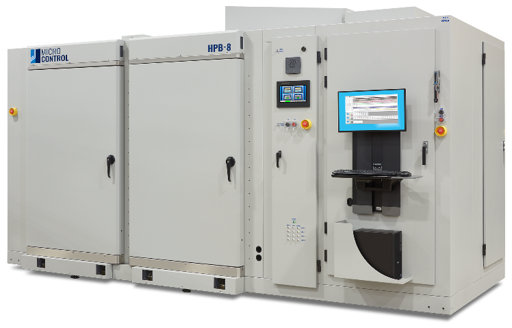 Large industrial Micro Control HPB-8 testing system with a mounted computer monitor, keyboard, and control panels.